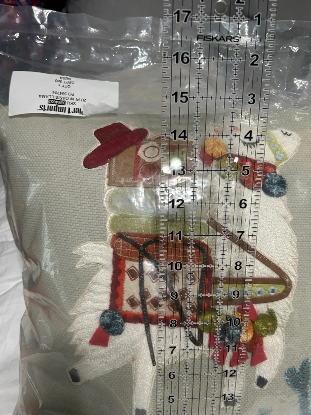 Pier 1 light green Throw Pillow with Embroidered Llama and Multicolor Accents